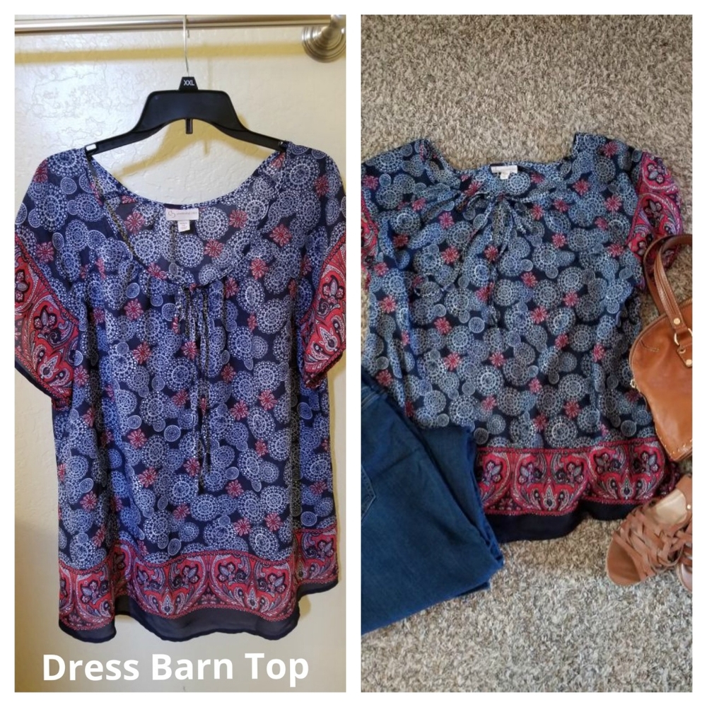 Navy & Red Geometric Flowy Dress Barn Blouse 2X